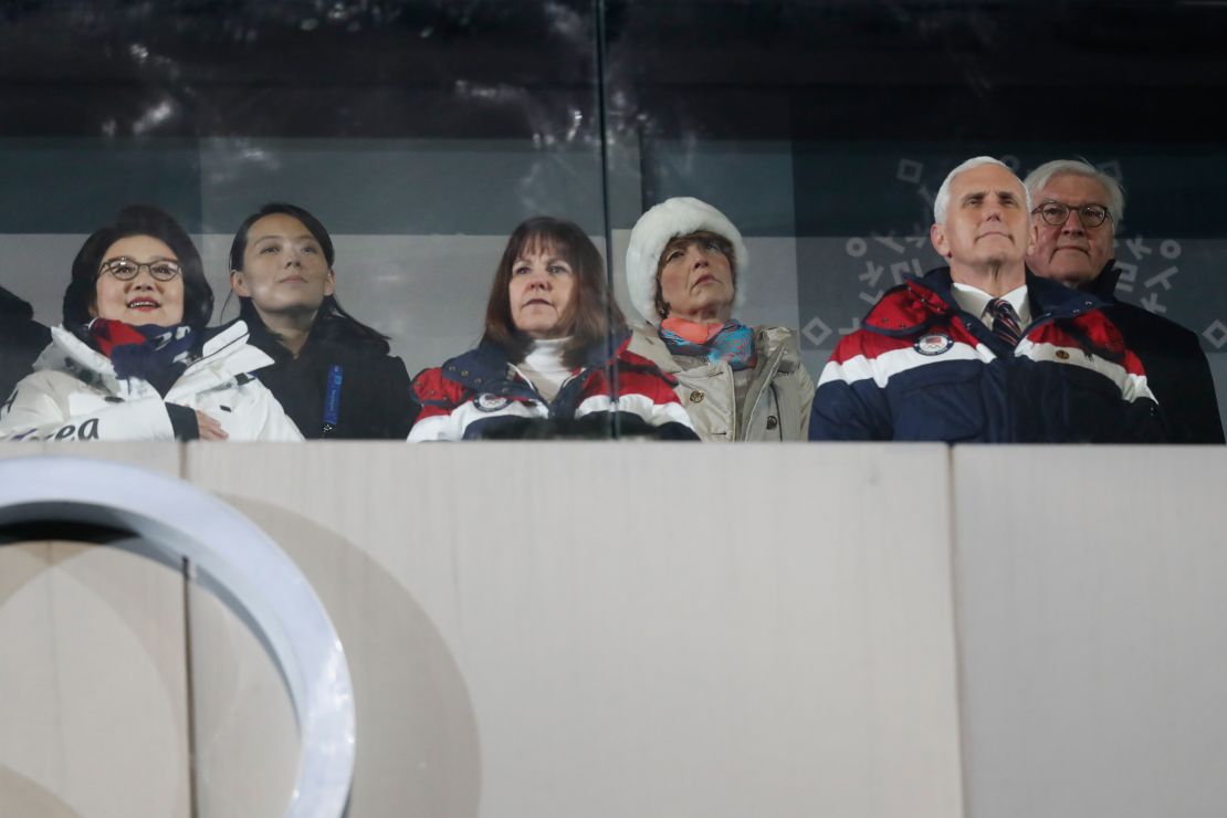 US Vice President Mike Pence (front right),  (front R), his wife Karen (front center), North Korea's leader Kim Jong Un's sister Kim Yo Jong (2nd Left) and Kim Jung-Sook (Left), the wife of South Korea's President Moon Jae-in, attend the opening ceremony of the Pyeongchang 2018 Winter Olympic Games.