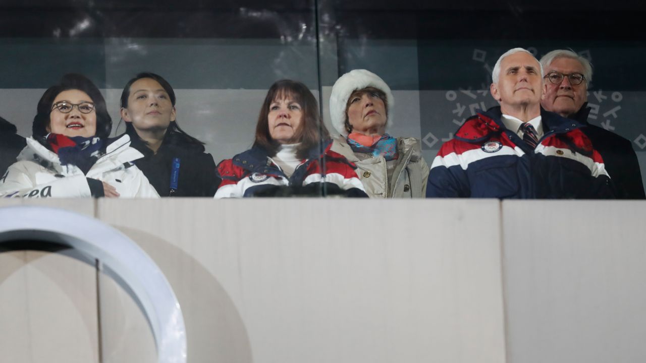 US Vice President Mike Pence (front R), his wife Karen (front C), North Korea's leader Kim Jong Un's sister Kim Yo Jong (2nd L) and Kim Jung-Sook (L), the wife of South Korea's President Moon Jae-in, attend the opening ceremony of the Pyeongchang 2018 Winter Olympic Games at the Pyeongchang Stadium on February 9, 2018.