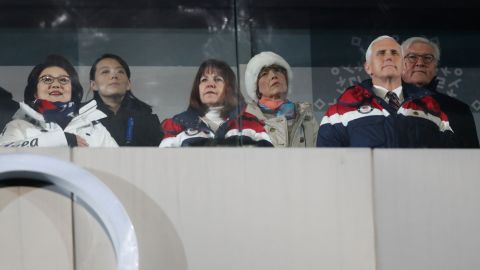 US Vice President Mike Pence (front right), (front R), his wife Karen (front center), North Korea's leader Kim Jong Un's sister Kim Yo Jong (2nd Left) and Kim Jung-Sook (Left), the wife of South Korea's President Moon Jae-in, attend the opening ceremony of the Pyeongchang 2018 Winter Olympic Games.