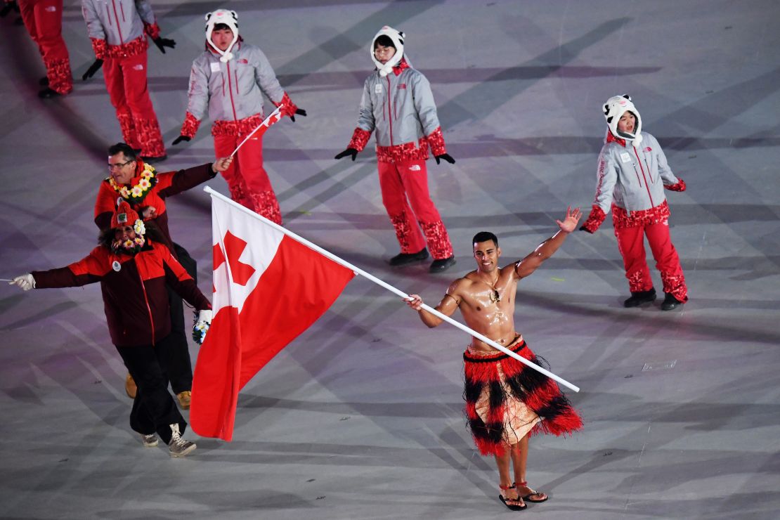 Flag bearer Pita Taufatofua of Tonga during PyeongChang's Opening Ceremony.
