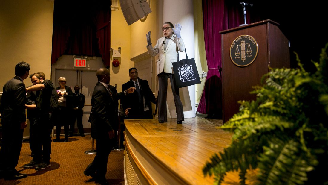Ginsburg arrives to speak at New York University's law school in February 2018.