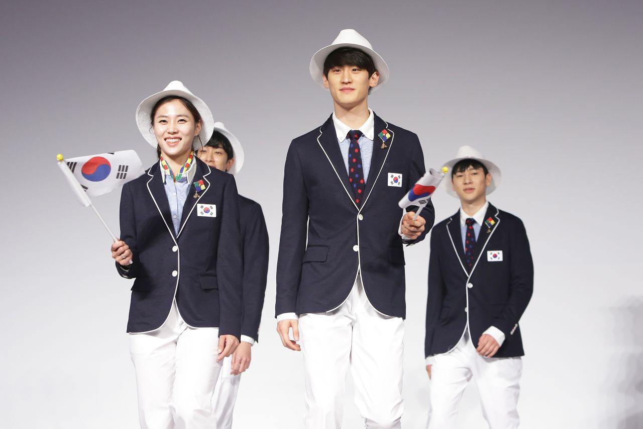 South Korean Olympians and models pose during an official uniform launch at Taereung National team training center on April 27, 2016 in Seoul, South Korea, ahead of the 2016 Rio Olympic Games.