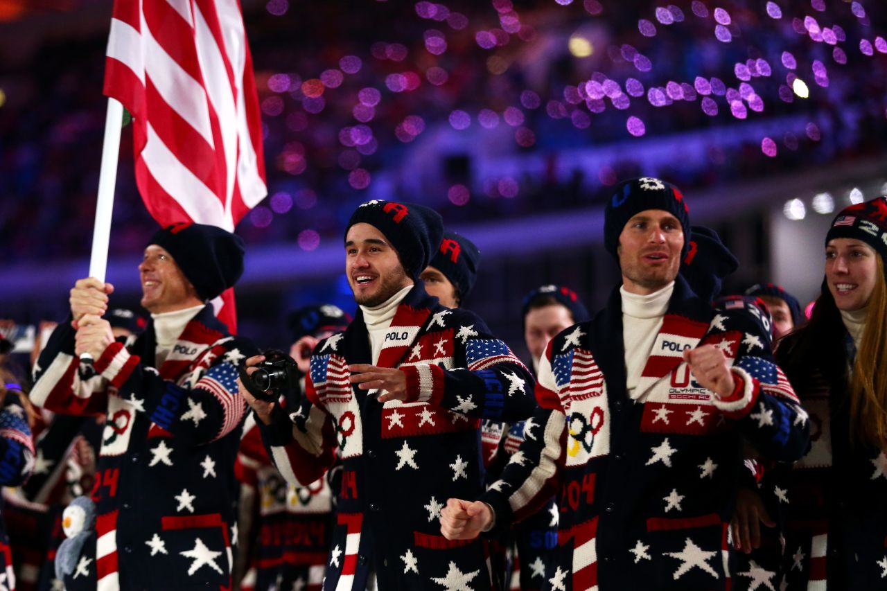 The United States Olympic team enters the Opening Ceremony of the Sochi 2014 Winter Olympics at Fisht Olympic Stadium on February 7, 2014 in Sochi, Russia.