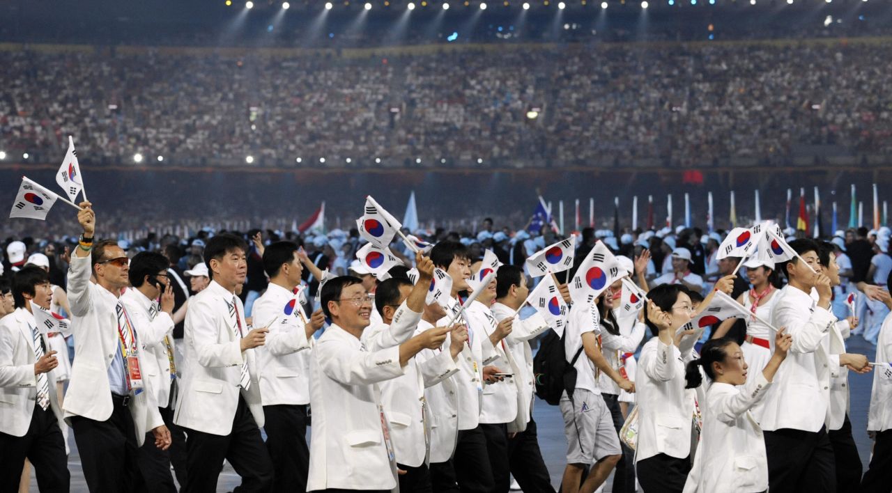 Members of the Olympic delegation of South Korea parade during the opening ceremony of the 2008 Beijing Olympic Games at the National Stadium, also known as the "Bird's Nest," on August 8, 2008. 
