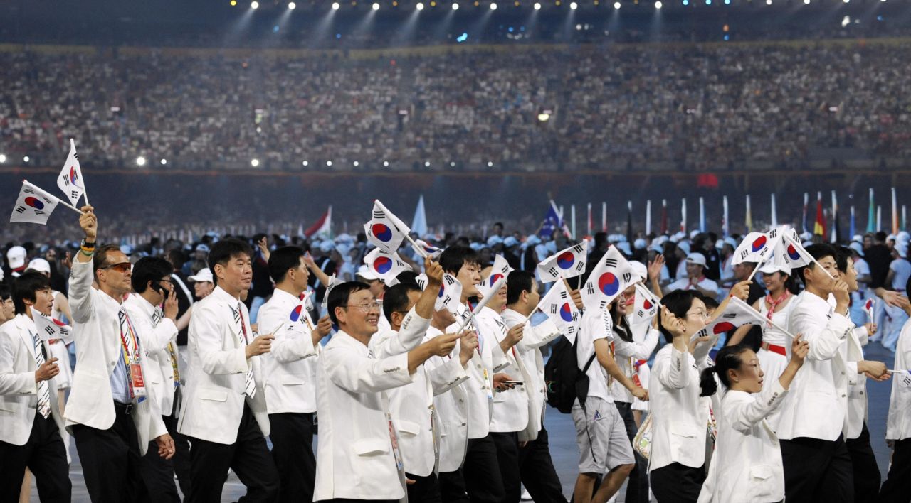 Members of the Olympic delegation of South Korea parade during the opening ceremony of the 2008 Beijing Olympic Games at the National Stadium, also known as the "Bird's Nest," on August 8, 2008.