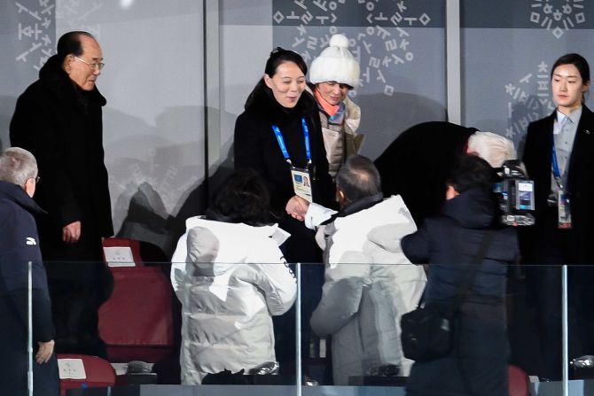 Kim Yo Jong, sister of North Korean leader Kim Jong Un, shakes hands with South Korean President Moon Jae-in at the ceremony.