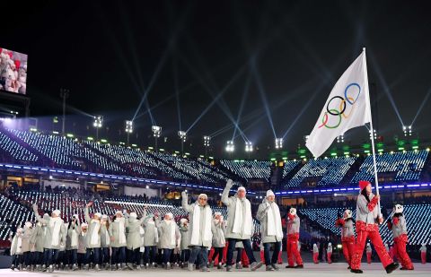Olympic athletes from Russia march under a neutral flag. Russia was banned from taking part in the Games after the International Olympic Committee found that the country had engaged in "systemic manipulation" of anti-doping rules.