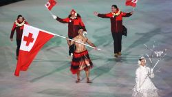 PYEONGCHANG-GUN, SOUTH KOREA - FEBRUARY 09:  Flag bearer Pita Taufatofua of Tonga leads the team during the Opening Ceremony of the PyeongChang 2018 Winter Olympic Games at PyeongChang Olympic Stadium on February 9, 2018 in Pyeongchang-gun, South Korea.  (Photo by Ronald Martinez/Getty Images)