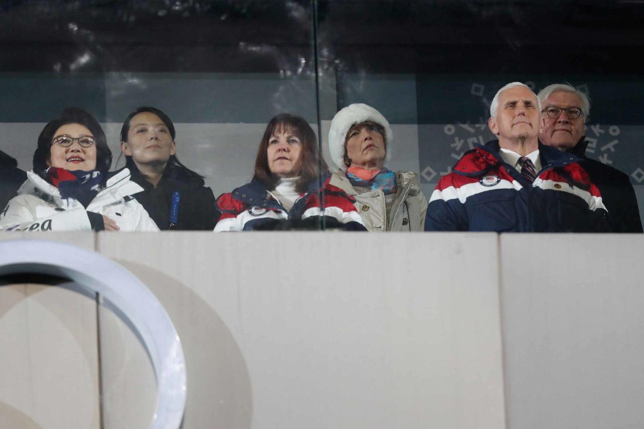 US Vice President Mike Pence, front right, attends the ceremony with his wife, Karen. Kim Yo Jong, the sister of North Korean leader Kim Jong Un, is seated in the back row and on the left. She was a guest of South Korean President Moon Jae-in, not pictured. At left is Moon's wife, Kim Jung-sook.
