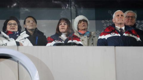 US Vice President Mike Pence (front R), his wife Karen (front C), North Korea's leader Kim Jong Un's sister Kim Yo Jong (2nd L) and Kim Jung-Sook (L), the wife of South Korea's President Moon Jae-in, attend the opening ceremony.