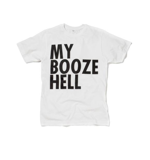 The exhibition includes works by several artists, including Jeremy Deller. This is his "My Booze Hell" limited edition T-shirt from 2016.