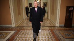 WASHINGTON, DC - FEBRUARY 08:  Senate Majority Leader Mitch McConnell (L) (R-KY) returns to the U.S. Capitol just before midnight February 8, 2018 in Washington, DC.  (Win McNamee/Getty Images)