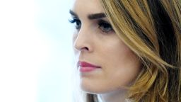 White House communications director Hope Hicks looks on during a meeting between President Trump and Don Bouvet, who has been battling cancer in the Oval Office of the White House, February 9, 2018 in Washington, DC. (Photo by Olivier Douliery-Pool/Getty Images)