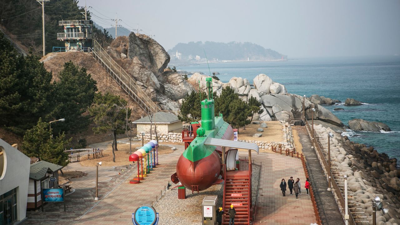 Visitors walk past a  North Korean Sang-O class submarine, which stranded on South Korean waters in 1996. It is now on display at Tongil Park in Gangneung, Gangwon, South Korea