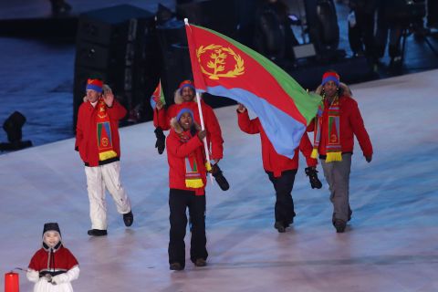 Eritrean flag bearer, Canada-born Shannon-Ogbnai Abeda, is the country's sole athlete and is competing in Alpine skiing.