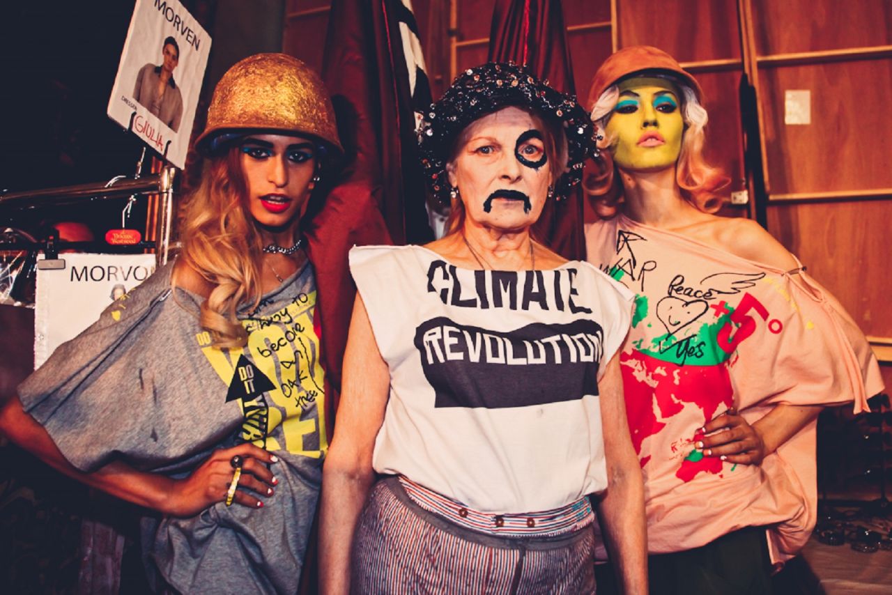 Vivienne Westwood protesting backstage in a photo by Marta Lamovsek.