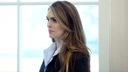 WASHINGTON, D.C. - FEBRUARY 9: (AFP-OUT) White House communications director Hope Hicks looks on during a meeting between President Trump and Don Bouvet, who has been battling cancer in the Oval Office of the White House, February 9, 2018 in Washington, DC. (Photo by Olivier Douliery-Pool/Getty Images)