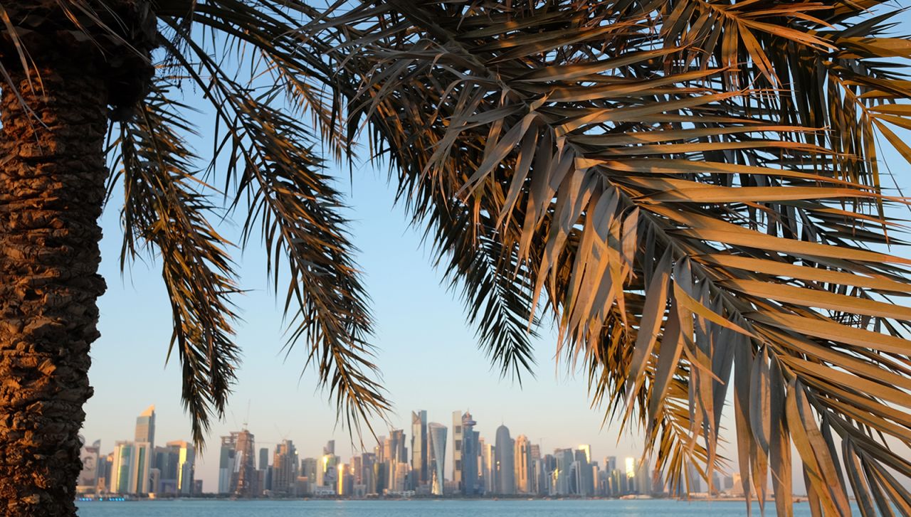 The waterfront promenade stretches seven kilometers along Doha Bay.