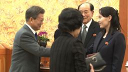 Footage of Moon's meeting with NK officials, including Kim Yo Jong (Kim Jong Un's sister).