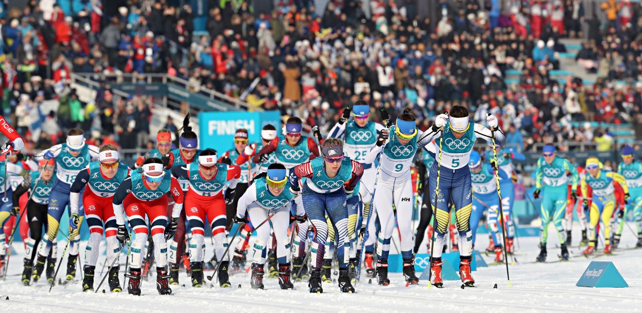 Competitors start the cross-country women's skiathlon at the Alpensia Cross-Country Skiing Centre.