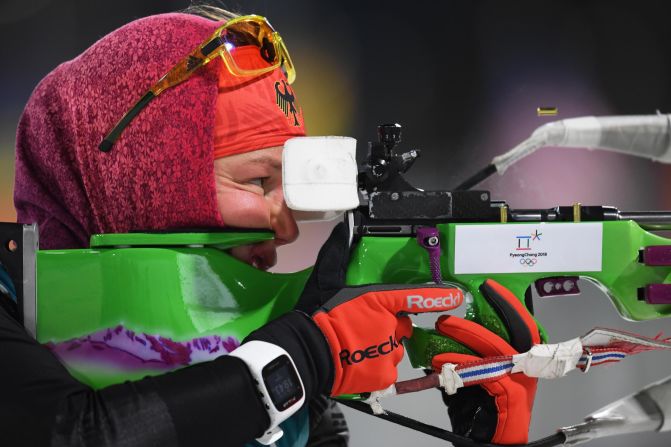 Germany's Laura Dahlmeier prepares for competition in the women's biathlon 7.5-kilometer sprint.