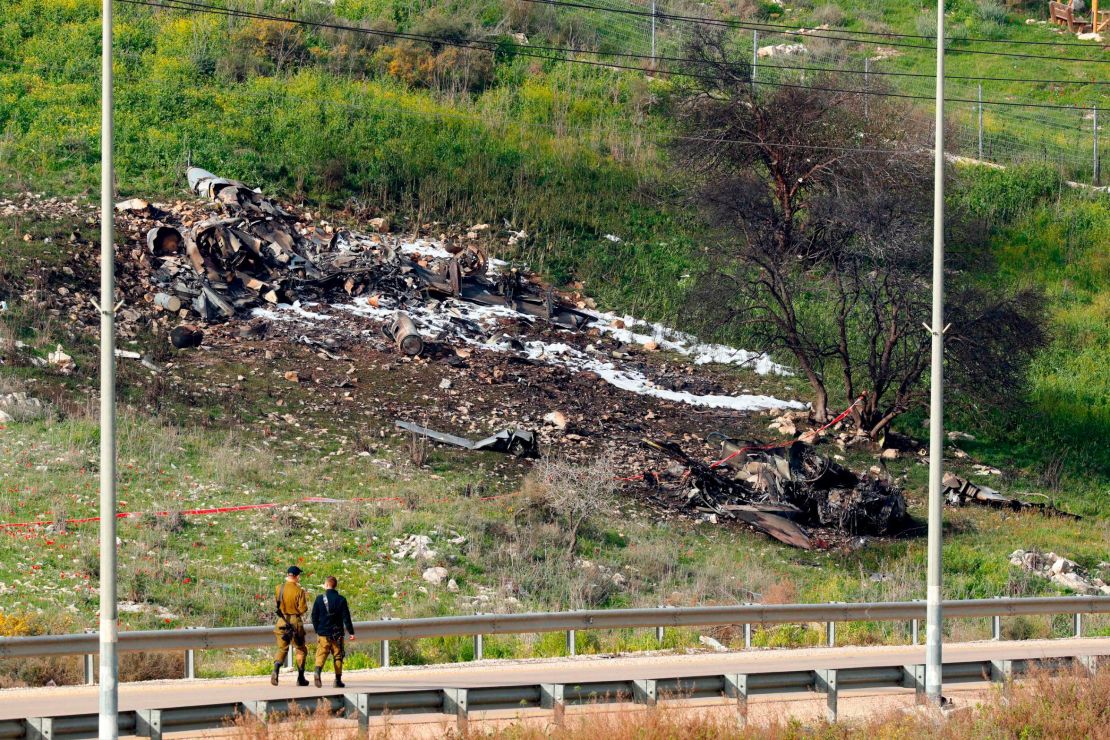 A picture taken in  northern Israel on Saturday shows the remains of the crashed Israeli F-16.