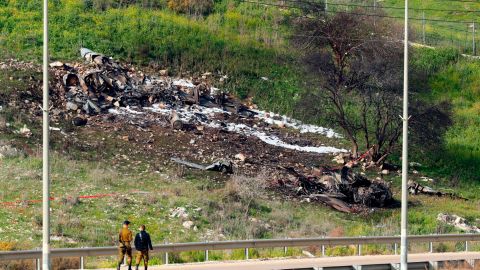 A picture taken in  northern Israel on Saturday shows the remains of the crashed Israeli F-16.