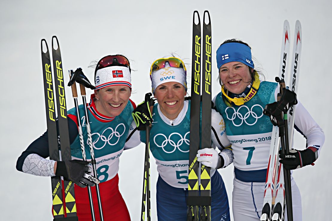 Norway's Marit Bjørge (left) won silver and Krista Parmakoski of Finland took bronze. 