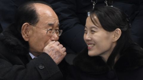 North Korean leader Kim Jong Un's sister, Kim Yo Jong, and North Korea's ceremonial head of state, Kim Yong Nam, attend the hockey match on Saturday, February 10, 2018, between Switzerland and the unified Korean team.