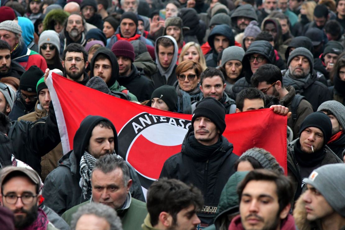 People take part in an anti-racism demonstration Saturday in Macerata, Italy.