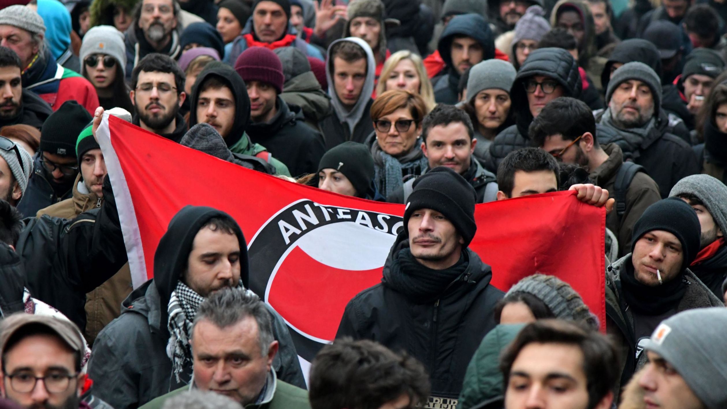 People take part in an anti-racism demonstration Saturday in Macerata, Italy.