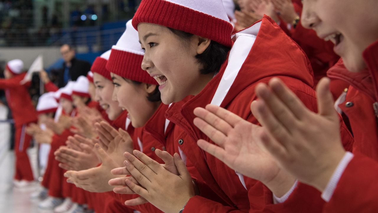 North Korean cheerleaders in full voice. 