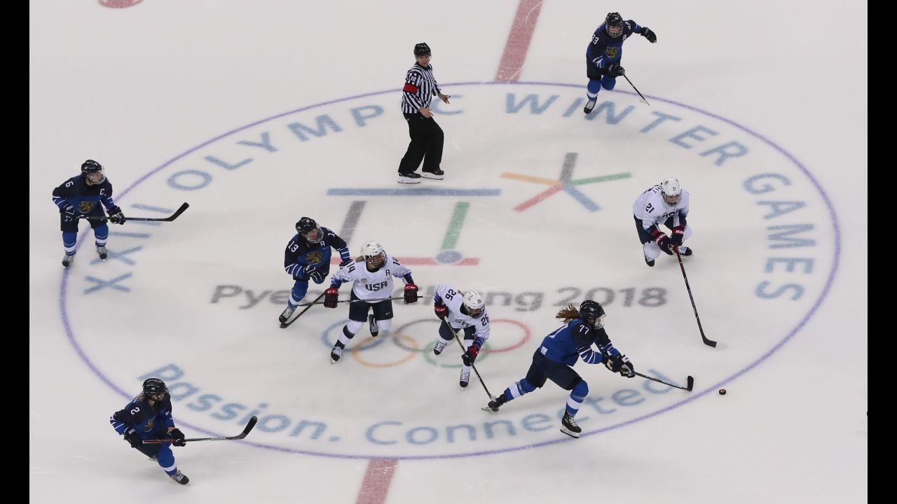 USA battles Finland in the preliminary round of women's ice hockey. The US women won, 3-1.