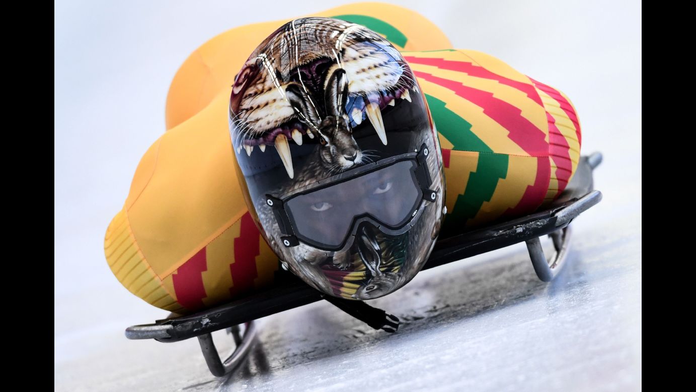 Ghana's Akwasi Frimpong takes part in a training session for the men's skeleton event.