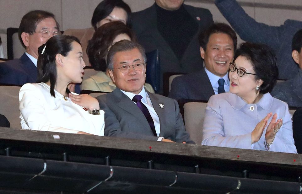 Kim Yo Jong, North Korean leader Kim Jong Un's sister (at left), talks with South Koran President Moon Jae-in and his wife Kim Jung-sook during a performance of North Korea's Samjiyon Orchestra at the National Theater in Seoul, South Korea.