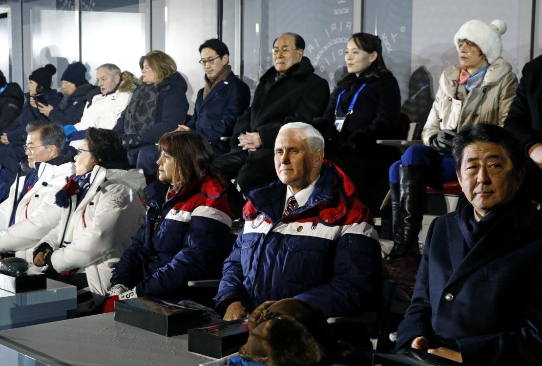 Vice President Mike Pence sits between second lady Karen Pence and Japanese Prime Minister Shinzo Abe at the opening ceremony. Behind Pence are Kim Yong Nam, president of the Presidium of North Korean Parliament, and Kim Yo Jong, sister of North Korean leader Kim Jong Un.