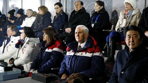 Vice President Mike Pence, second from the bottom right, sits between second lady Karen Pence, third from the bottom left, and Japanese Prime Minister Shinzo Abe at the Olympic Games' Opening Ceremony. Behind Pence are Kim Yong Nam, third from the top right, president of the Presidium of North Korean Parliament, and Kim Yo Jong, second from the top right, the sister of North Korean leader Kim Jong Un.
