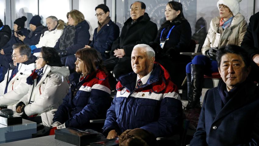 Vice President Mike Pence, second from bottom right, sits between second lady Karen Pence, third from from bottom left, and Japanese Prime Minister Shinzo Abe at the opening ceremony, behind Pence are Kim Yong Nam, third from top right, president of the Presidium of North Korean Parliament, and Kim Yo Jong, second from top right, sister of North Korean leader Kim Jong Un at  the PyeongChang 2018 Winter Olympic Games at PyeongChang Olympic Stadium. 