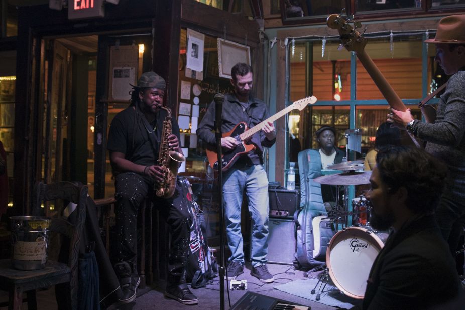 Khris Royal, left, plays a regular Sunday night gig with Pat Casey and the New Sound at The Spotted Cat on Frenchmen Street. The club-lined stretch is adjacent to the French Quarter in the Faubourg Marigny neighborhood.
