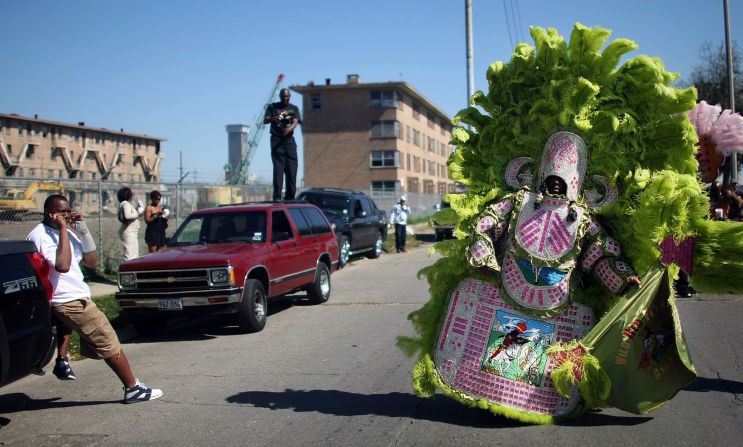 The Mardi Gras Indians pay homage to Native Americans who helped escaped slaves in the 19th century. Tribe members create elaborate hand-beaded and feathered suits and march several times a year.