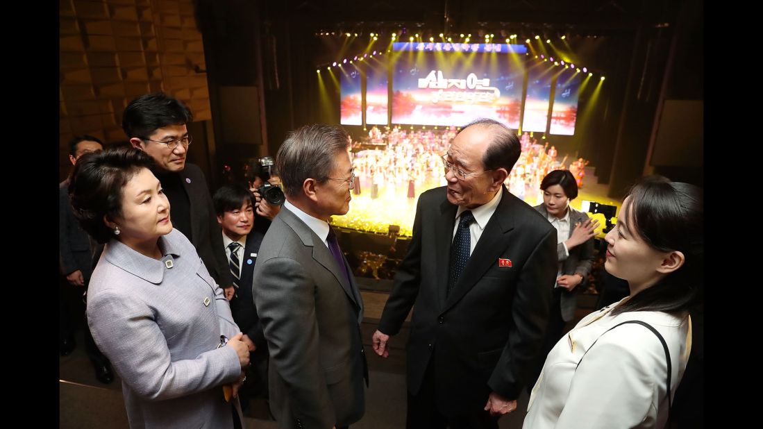 In this handout image provided by the South Korean Presidential Blue House, South Korean President Moon Jae-in, second left, talks with North Korea's nominal head of state Kim Yong Nam, second right, during a performance of North Korea's Samjiyon Orchestra at the National Theater in Seoul. To the left of Kim Yong Nam is Kim Yo Jong, North Korean leader Kim Jong Un's sister.