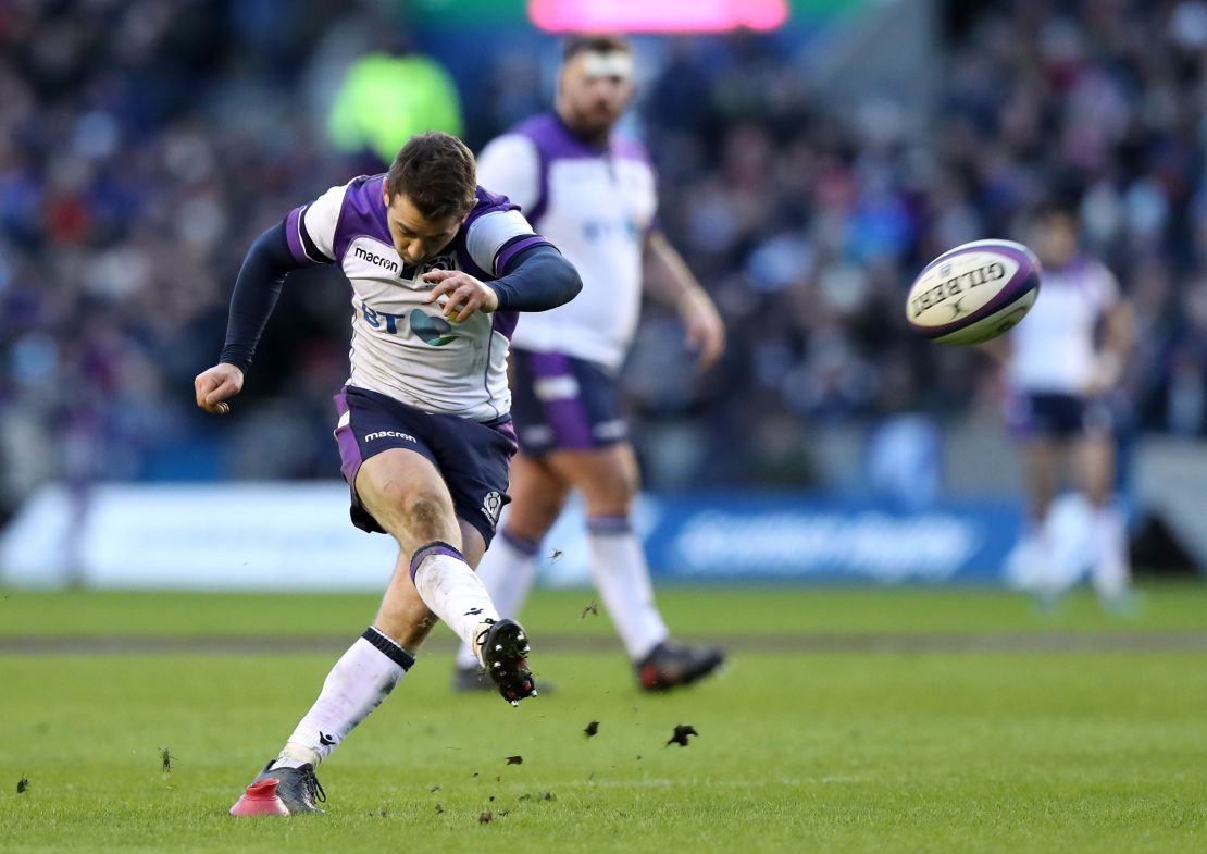 Greig Laidlaw kicks a penalty on his way to 22 points in Scotland's 32-26 win over France at Murrayfield in the Six Nations. 