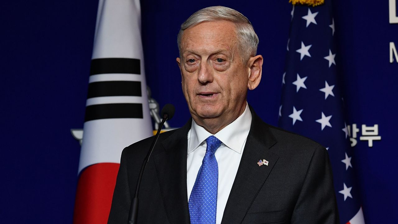 SEOUL, SOUTH KOREA - OCTOBER 28: U.S. Secretary of Defense James Mattis attends the joint press conference after the 49th Security Consultative Meeting (SCM) at Defense Ministry on October 28, 2017 in Seoul, South Korea. Mattis is in South Korea ahead of the visit by U.S. President Donald Trump. (Photo by Song Kyung-Seok-Pool/Getty Images)