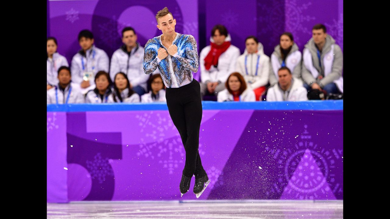 American figure skater Adam Rippon competes in the team event.