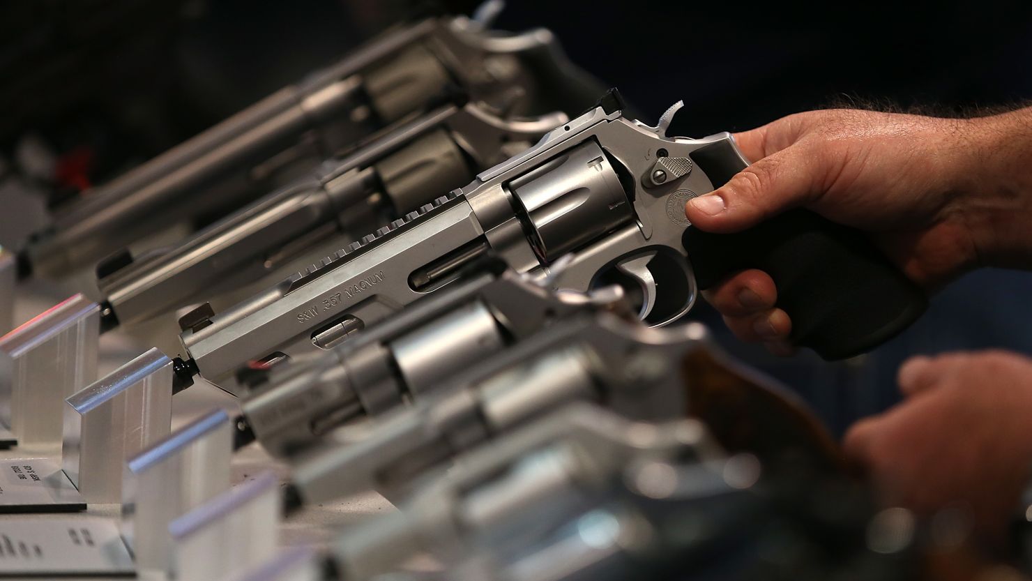 Smith and Wesson handguns are displayed during the 2015 NRA Annual Meeting & Exhibits on April 10, 2015 in Nashville, Tennessee. 