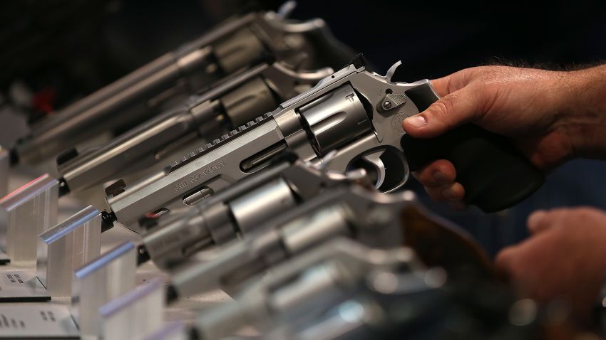 Smith and Wesson handguns are displayed during the 2015 NRA Annual Meeting & Exhibits on April 10, 2015 in Nashville, Tennessee.
