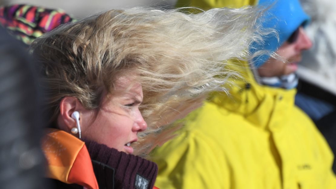 Norway's Silje Norendal's hair blows in the strong winds during the women's snowboard slopestyle final event on Monday.