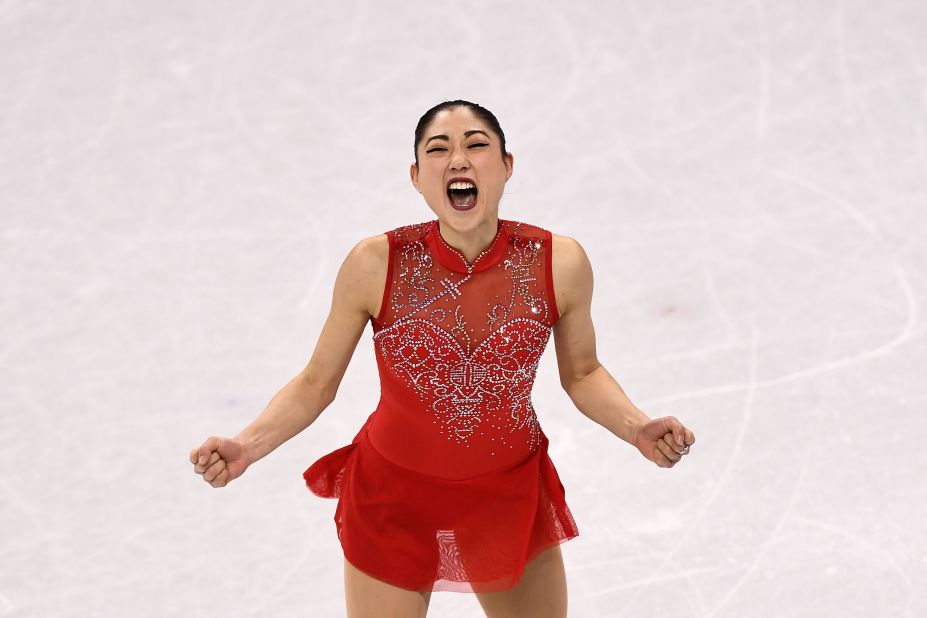 Mirai Nagasu reacts after performing in the figure-skating team event. She became the first woman in US history <a href="https://www.cnn.com/2018/02/12/sport/mirai-nagasu-triple-axel-trnd/index.html" target="_blank">to land a triple axel at the Olympics.</a> The Americans finished with the bronze, however, as Canada took gold.