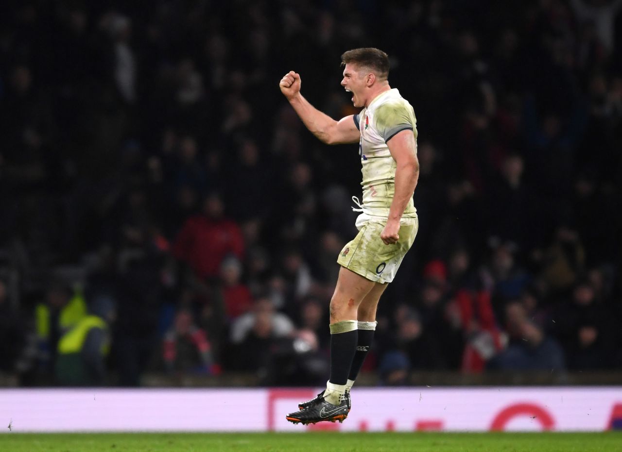 England's Owen Farrell celebrates his side's 12-6 victory over Wales during the second weekend of the Six Nations. 