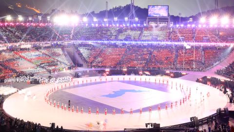 The Unified Korea delegation parades during the opening ceremony of the Pyeongchang 2018 Winter Olympic Games at the Pyeongchang Stadium on February 9, 2018. / AFP PHOTO / POOL / Sean M. Haffey (Photo credit should read SEAN M. HAFFEY/AFP/Getty Images)